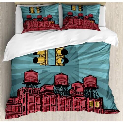 New York Duvet Cover Set Manhattan Street Items Skyscrapers 3 Piece Bedding Set Dark Coral Pale Earth Yellow Cadet Blue