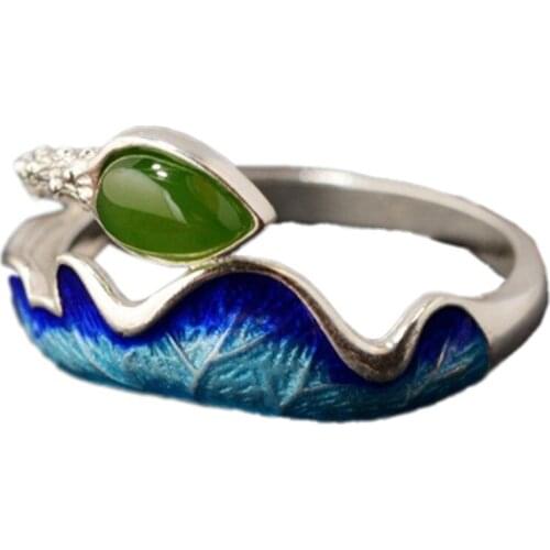 2020 new real S925 pure silver inlay burning process Lotus shape for women ring Jasper Silver Ring for Woman