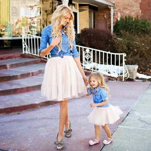 Mommy and Me Dress Matching Outfits Mum Baby Clothing Mother Daughter Dresses Cowboy Shirt Denim Lace Pocket Family Look Clothes