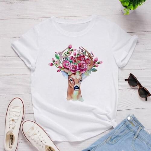 Cartoon Sika Deer Head Graphic Tees Tops Print Tshirts Women Funny T Shirt White Tops Casual Short Camisetas Mujer T-shirt