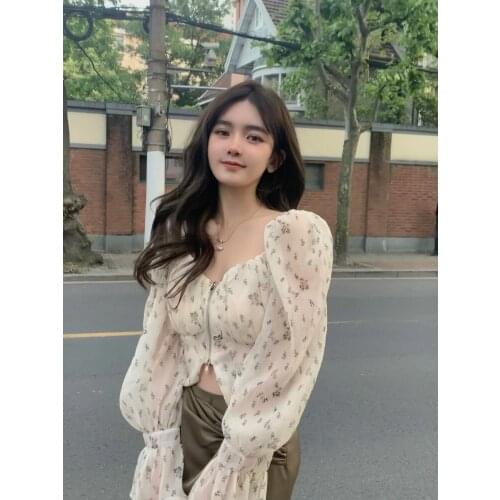 French floral chiffon shirt jacket female summer high waist design short shirt long-sleeved tops flower blouse female