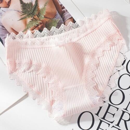 Women Sexy Briefs Solid Color Lace Mid Waist Bow Panties Fashion Breathable Female Thong Underwear Daily Lingerie