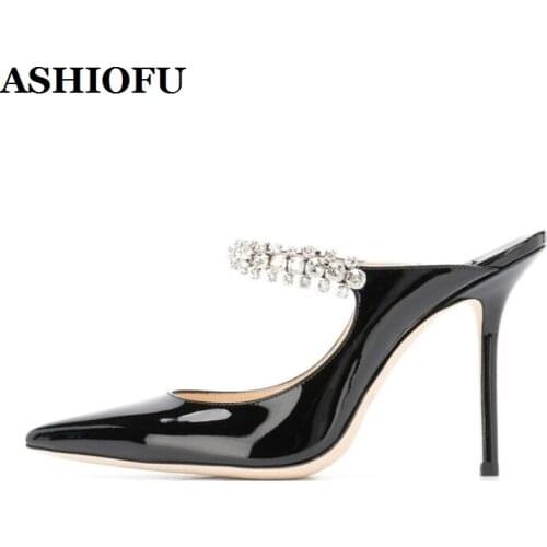 ASHIOFU Handmade New Ladies Stiletto Heels Slipper Rhinestones Slip-on Party Summer Shoes Daily Wear Fashion Flip-flop Slippers