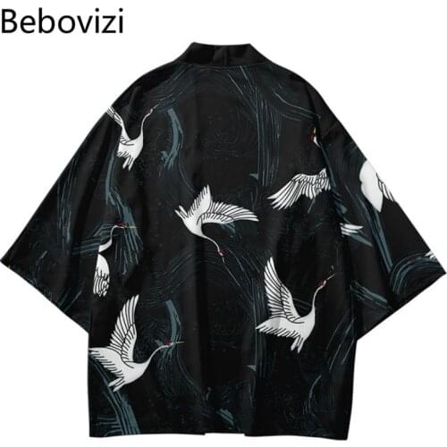 Women Men Harajuku Crane Kimono Samurai Cosplay Blouse Yukata Clothing Plus Size Loose Japanese Black White Robe Cardigan