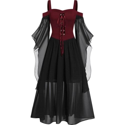 Gothic Retro Lace Patchwork Women Dress Plus Size Goth Bandage Spaghetti Strap Dress Harajuku Punk Halloween Witch Sling Costume