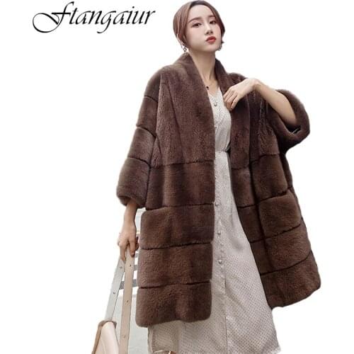 Ftangaiur 2019 Winter Import Crown Velvet Mink Fur Coat Womens V-Neck Three Quarter Sleeve Loss Natural Real Mink Fur Coats