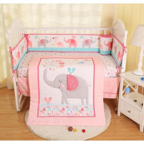 Promotion! 7pcs pink elephant cotton baby bedding crib bedding bed around set,(4bumper+bed cover+bed skirt+duvet)