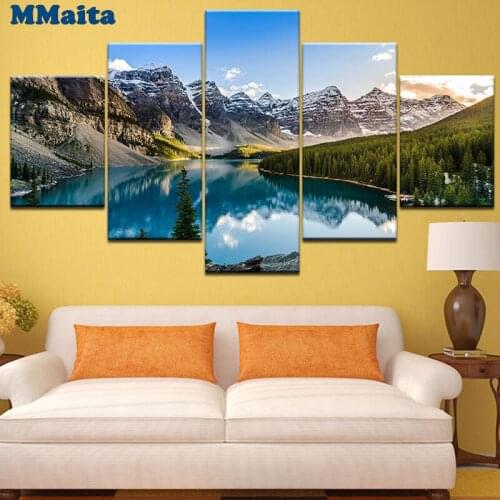5 Piece Diamond Painting Home Decor Lake Sunset Mountain Clouds Forest River Nature Landscape Diamond Mosaic Art Pictures GG5355
