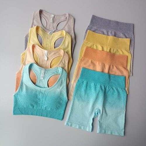 2 Pcs Seamless Gradient Yoga Suit Workout Sports Bra + High Waist Shorts Gym Sport Set Fashion Shorts Sets Female 2021