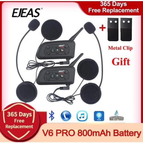EJEAS 2Pcs 1200M V6 Pro 6 Riders Motorcycle Bluetooth Helmet Headset Wireless Intercom BT Multi Interphone with Metal Clips