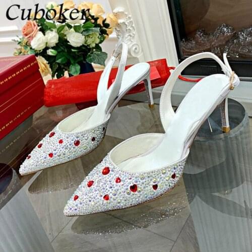 Pointed Toe Sexy Women Crystal Sandals Brand Designer Rhinestone Thin High Heel Slides Buckle Strap Summer Women Dress Shoes