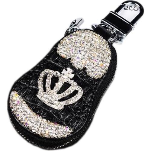 Rhinestone Covered Metal Crown Diamond Cartoon Car Key Case Cute Leather Key Wallet Crystal Auto Key Holder Cover Women Girls