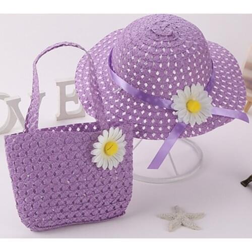 Summer Children Beach Hats Sweet Set Wide Brim Yellow Straw Wide Hat Childrens Holiday Travel Pink Blue Purple Beach Bag New