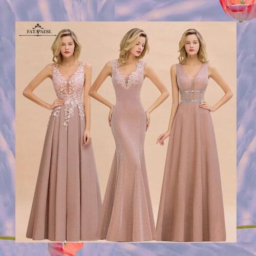 Real Photo Dusty Pink Long A Line Evening Dresses 2020 V Neck Back Applique Evening Gown Formal Dress Prom robe de soiree