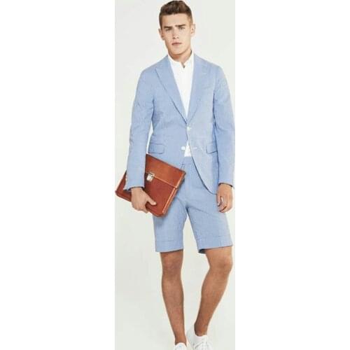 Tailor-made Blue Linen Men Suits with Short Pants Summer Beach Slim Costume Homme 2Piece Custom Man Blazers Jacket Groom Tuxedos