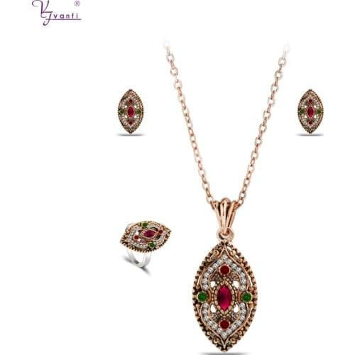 Kfvanfi Turkish Jewelry Colorful Stone Ring Earrings Necklace For Women Two Tone Rose Green Crystal Rhinestones Jewelry Set