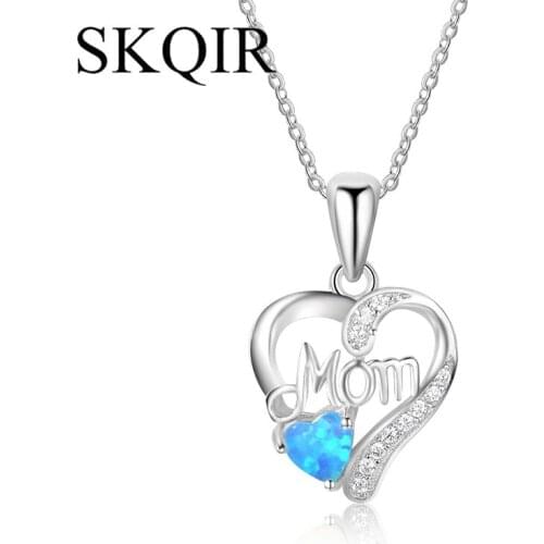 Fashion 925 Silver Heart Pendant Necklace Personalized Opal Crystal Letter Mom Necklace for Women Mothers Day Jewelry Gift