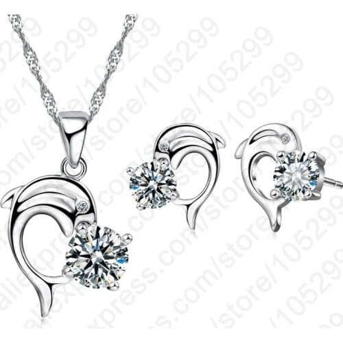 Trendy Dolphine Design Pendant 925 Sterling Silver Fine Jewelry Cubic Zircon Necklace Earring For Women Wedding Set Gifts