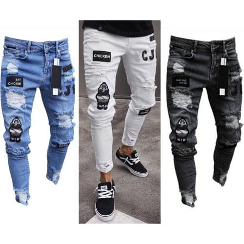 3 Styles Men Stretchy Ripped Slim Fit Biker Embroidery Print Jeans Destroyed Hole Taped Skinny Denim Scratched High Quality Jean