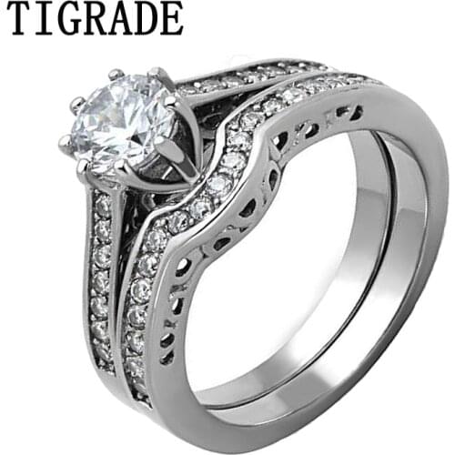 Tigrade Cubic Zirconia Stainless Steel Ring Set Women Wedding Band Engagement Rings For Female Fashion Eternity Bridal Jewelry