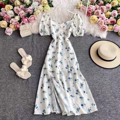 French square neck puff sleeve first love dress floral long dress is thin and high temperament sweet split dress goddess fan