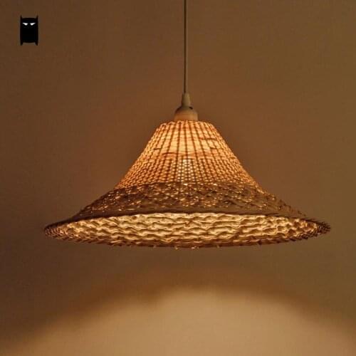 Wicker Rattan Straw Hat Shade Pendant Light Fixture Japanese Tatami Hanging Lamp Design for Restaurant Bar Dining Table Room
