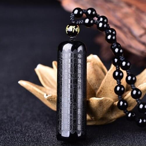 Natural Obsidian Pendant Prajna paramita Sutra Buddha Necklace Pendant With Lucky Beads Chain Fashion Jewelry For Men women
