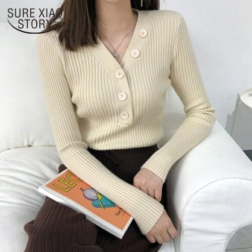 Autumn and Winter New Korean Long Sleeve pullover V-neck Knitted Sweater Slim Gentle Knitwear Women Pull Femme with Button 10807