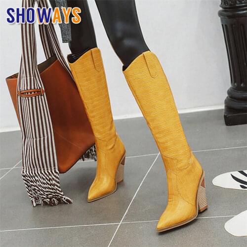 Plus Size Winter Western Women Knee High Boots Yellow Crocodile Leather Lady Pointed Toe Block Heel Motorcycle Cowboy Long Boots