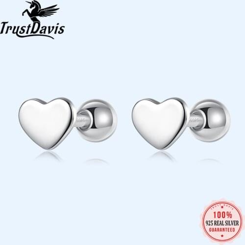 Trustdavis 100% 925 Sterling Silver Heart Screw Stud Earrings For Women Children Baby Girls Kids Mini Minimalist Jewelry DA77