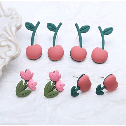 6pcs Hot Style Spring all-match alloy spray paint Stud Earrings Vacation pink tulip flowers Earrings Sweet Jewelry Accessories