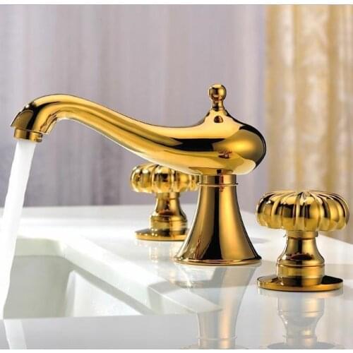 Full three-hole basin faucet hot and cold copper and gold bathroom counter basin genuine European Hot sale free shipping