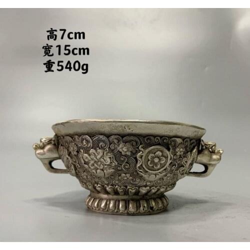Tibet Buddhism Carving white Copper Spice Stainless Steel Bowl Cupronickel Animal beast head Double Ear Bowl