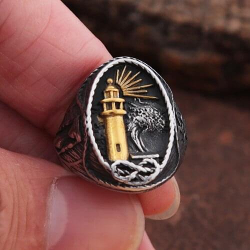 Vintage Voyager Lighthouse Ring For Men Stainless Steel Viking Ring Nautical Amulet Stamp Ring Nordic Amulet Jewelry Size 7-15