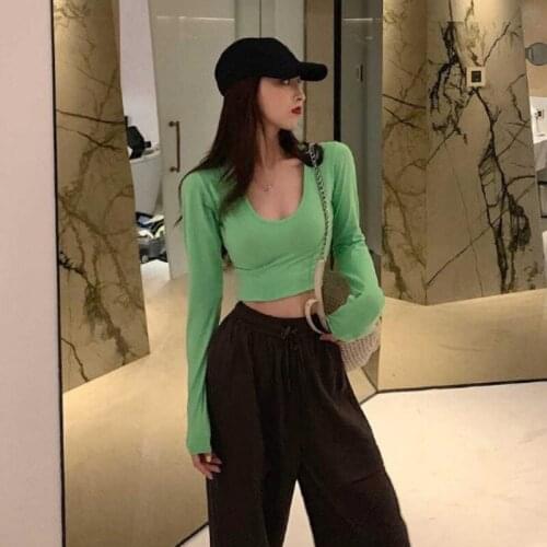 WOMENGAGA Open Navel Solid Color Long Sleeve Slim Short Bottomed Tops Autumn Simple Women All-match T-shirt ZBD9