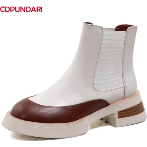 Ladies Genuine Leather Med Heels Platform Ankle Boots For Women Autumn Winter Chelsea Short Boots Shoes Bottes Plateforme Femme