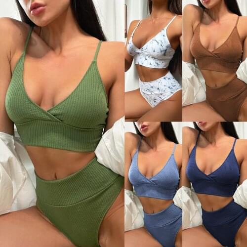 Women Split Swimsuit Padded Push-up Bikini Womens Sexy Green Bandage High Waist V Neck Bikini Sets Swimmear Beachwear 2021 New