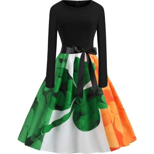 Irish St. Patricks Day Dress Long Sleeve Women Saint Patrick Parades Sunday 1950s Retro Green Three Leaf Shamrock Clover Dress
