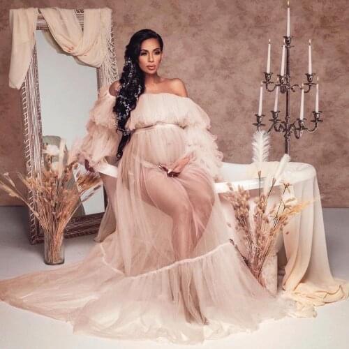 Maternity Shoot Nude Robes Women Long Maxi Party Gown Ruffled Off Shoulder Tiered Sleeves See Through Prom Gowns Robe