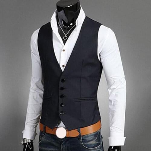 50%HOT Business Men Solid Color V Neck Button Pocket Sleeveless SlimS1 FitS1 Vest Waistcoat