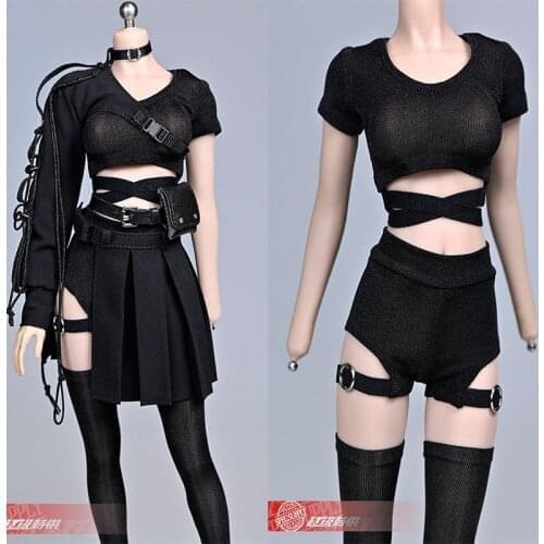 1/6 Female Black Short Sleeve Pleated skirt Thigh socks Clothes Fit 12'' Action Figure Body