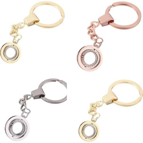 1pcs Round Rotatable Rhinestone Floating charms Alloy Locket Keychain DIY Magnetic twist living memory Glass locket Key ring