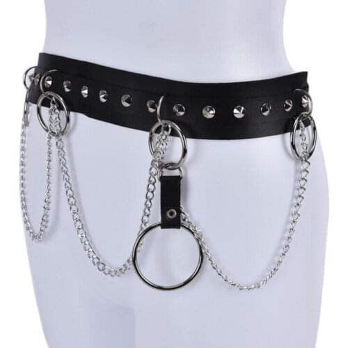1PC Punk Faux Leather Belt Metal Chain Ring Waist Strap Dance Gothic Binding Harness