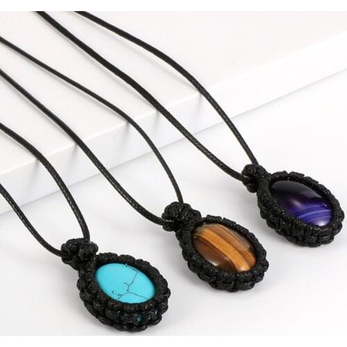 2020 Fashion Natural Stone Pendant Necklace For Men Women Wax Line Wrap Drop Shape Tiger Eye Opal Stone Necklaces Short Choker