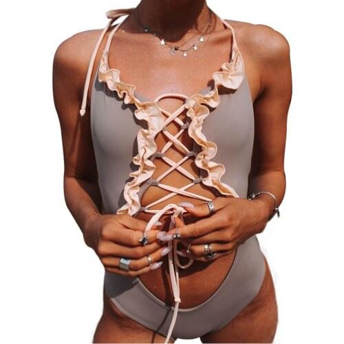 Bandage One Piece Swimsuit 2020 Floral Ruffles Sexy Solid Swimwear Women Deep V Summer Beachwear Swimming Suit Monokini S-XL