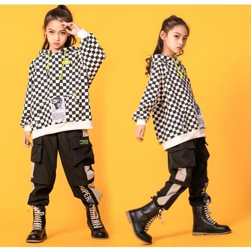 Kids Concert Hip Hop Clothes Checkered Hoodie Sweatshirt Tops Streetwear Cargo Pants for Girls Boys Dance Costume Clothing