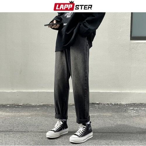 LAPPSTER Men Harajuku Korean Fashion Baggy Jeans Pants 2021 Mens Vintage Streetwear Causal Denim Trousers Male Black Jeans Pants