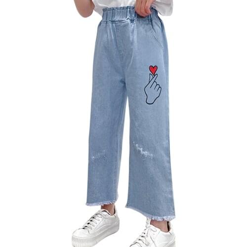 Girls Jeans Heart Pattern Kids Jeans For Girls Hole Children Jeans Summer Childrens Clothes 6 8 10 12 14