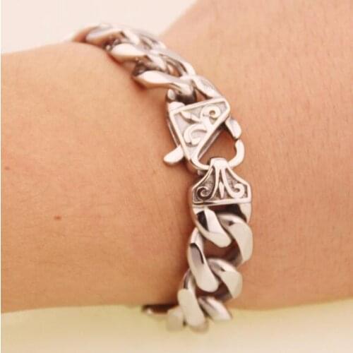 GNAYY Jewelry 316L Stainless steel jewelry mens high quality polished curb chain link bracelet bangle 13mm wide .22cm (8.66'')