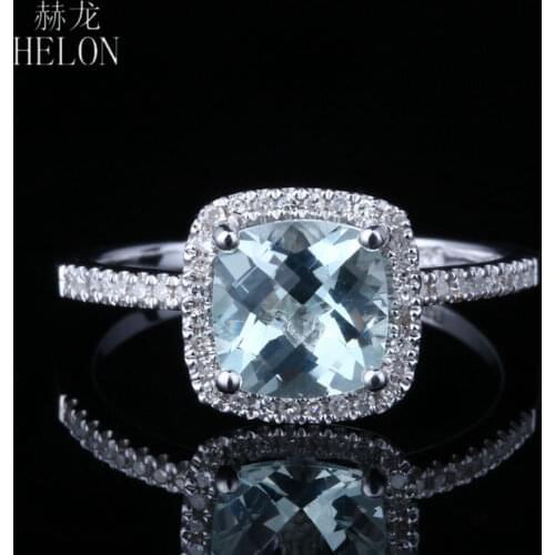 HELON 925 Sterling Silver 7x7mm Cushion 100% Genuine Natural Aquamarine Diamonds Ring Women Gemstone Fine Jewelry Diamond Ring